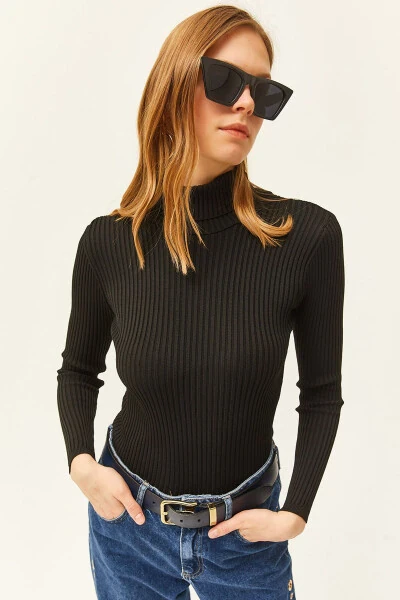 Womens Black Full Turtleneck Polylite Knit Sweater WSC-19000758 - 1