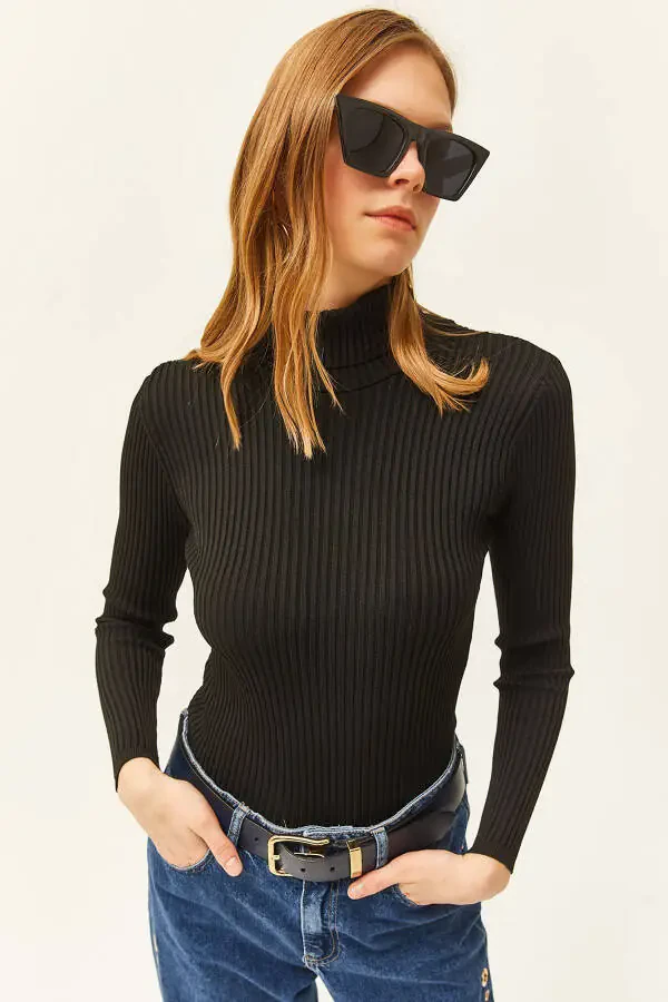 Womens Black Full Turtleneck Polylite Knit Sweater WSC-19000758 - 1