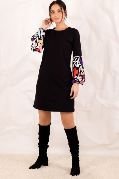 Women's Black Geometric Pattern Balloon Sleeve Dress ARM-20K001099 - 7