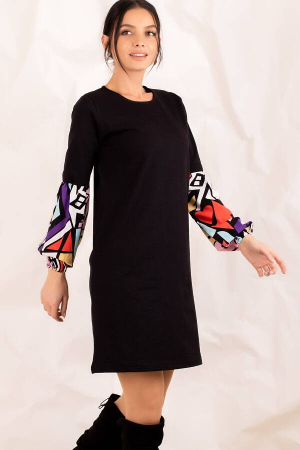 Women's Black Geometric Pattern Balloon Sleeve Dress ARM-20K001099 - 8