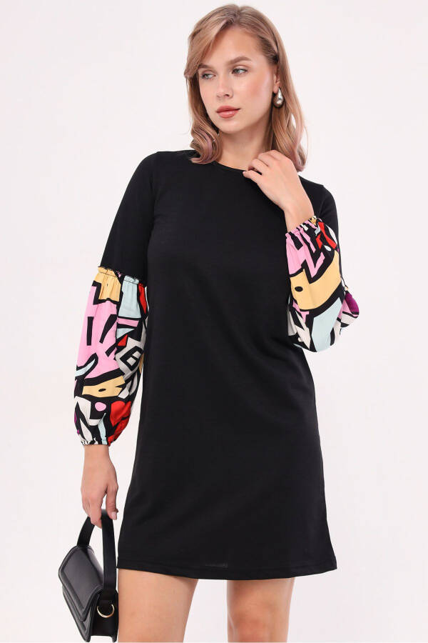 Women's Black Geometric Pattern Balloon Sleeve Dress ARM-20K001099 - 1