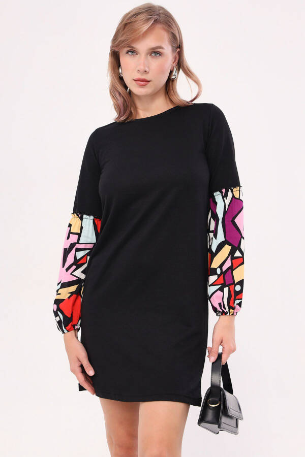 Women's Black Geometric Pattern Balloon Sleeve Dress ARM-20K001099 - 4