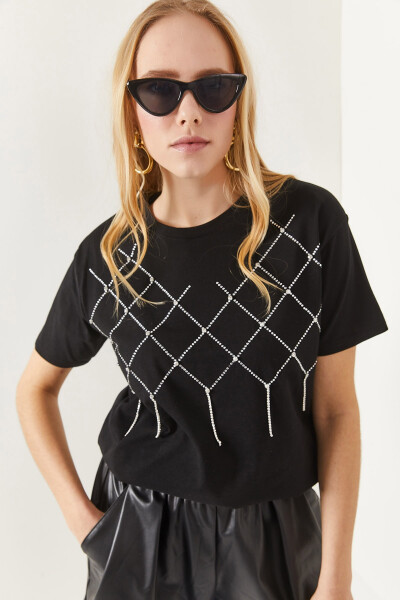 Women's Black Geometric Stone Detail Cotton T-shirt TSH-19000699 - 1