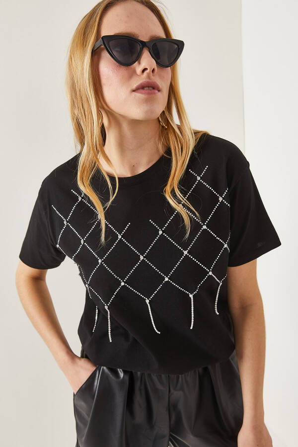 Women's Black Geometric Stone Detail Cotton T-shirt TSH-19000699 - 2