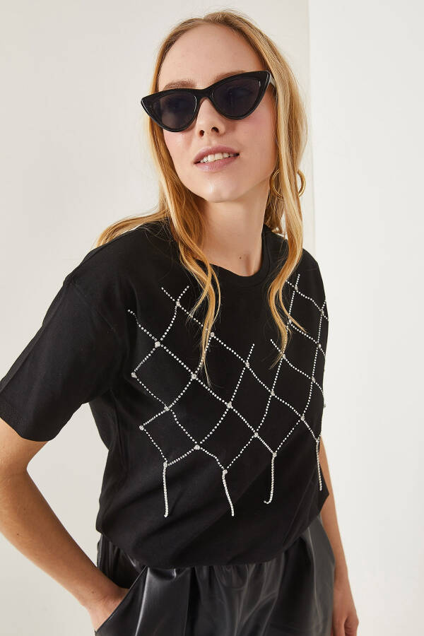 Women's Black Geometric Stone Detail Cotton T-shirt TSH-19000699 - 3