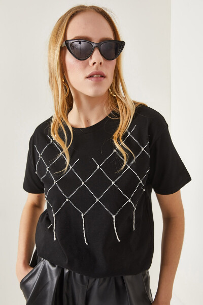 Women's Black Geometric Stone Detail Cotton T-shirt TSH-19000699 - 4