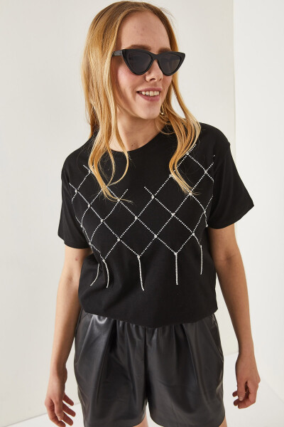 Women's Black Geometric Stone Detail Cotton T-shirt TSH-19000699 - 5