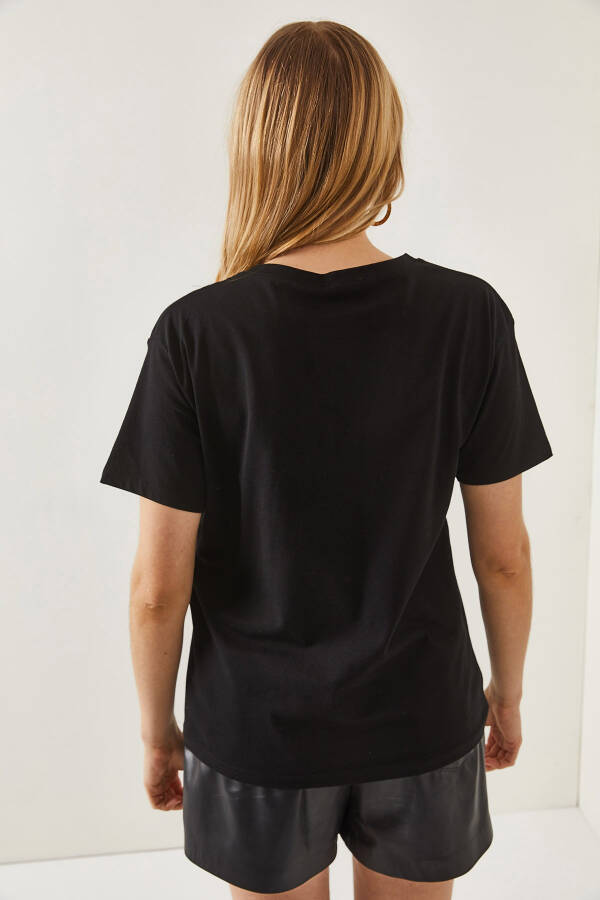 Women's Black Geometric Stone Detail Cotton T-shirt TSH-19000699 - 6