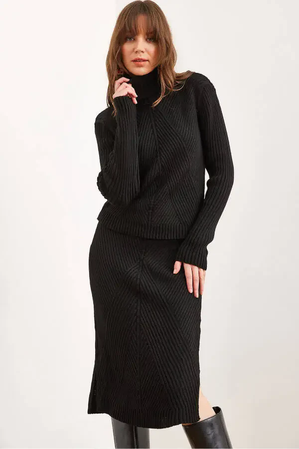 Women's Black Geometric Textured Skirt Knitted Set TKM-19000325 - 1