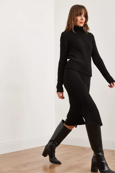 Women's Black Geometric Textured Skirt Knitted Set TKM-19000325 - OLALOOK (1)