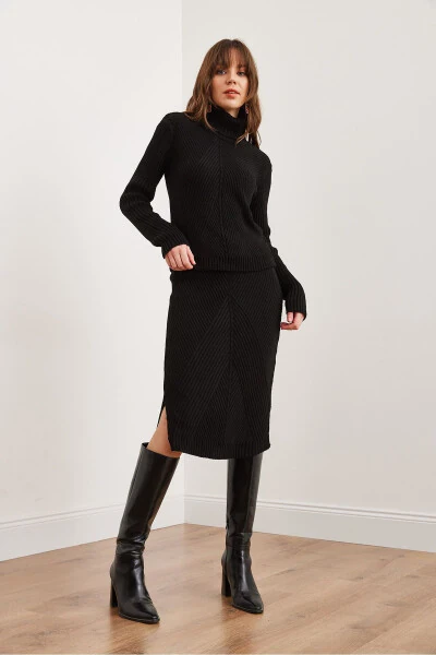 Women's Black Geometric Textured Skirt Knitted Set TKM-19000325 - 3