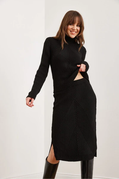 Women's Black Geometric Textured Skirt Knitted Set TKM-19000325 - 4