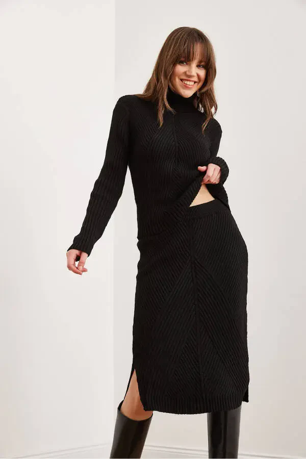 Women's Black Geometric Textured Skirt Knitted Set TKM-19000325 - 4