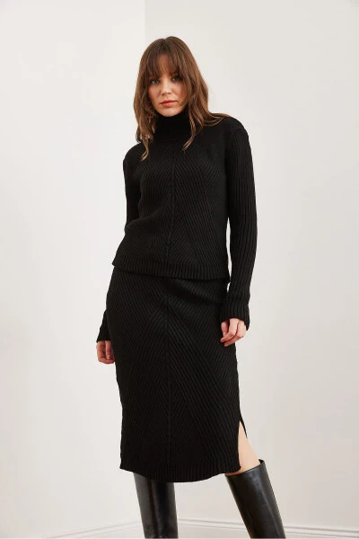 Women's Black Geometric Textured Skirt Knitted Set TKM-19000325 - 5