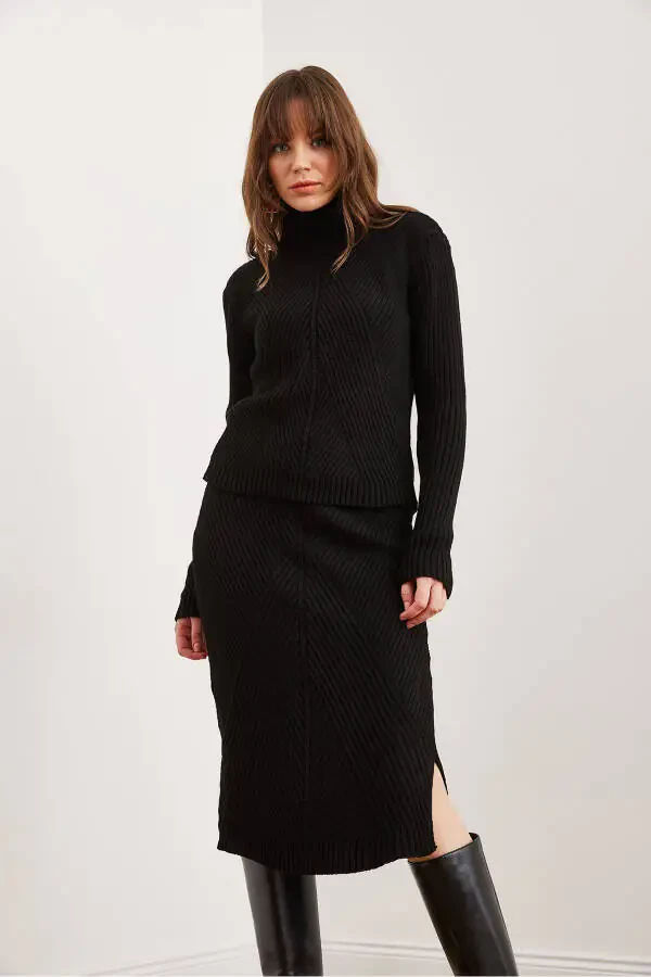 Women's Black Geometric Textured Skirt Knitted Set TKM-19000325 - 5