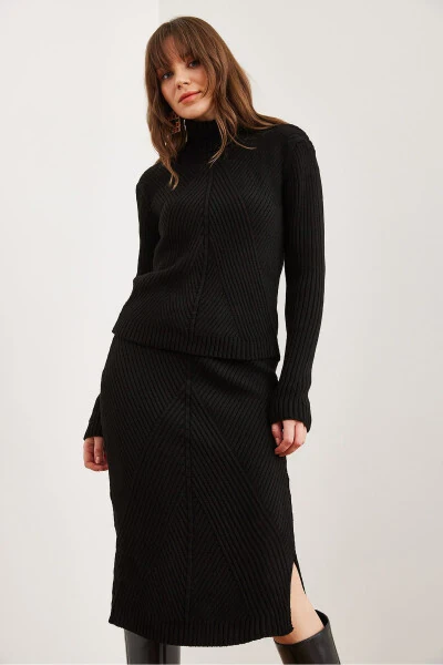 Women's Black Geometric Textured Skirt Knitted Set TKM-19000325 - 6