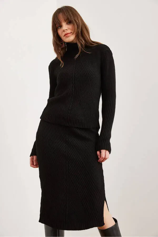 Women's Black Geometric Textured Skirt Knitted Set TKM-19000325 - 6