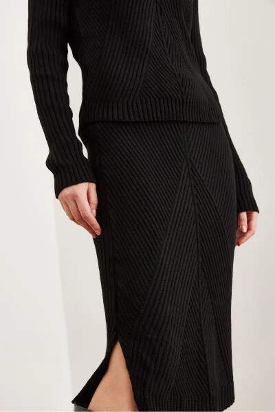 Women's Black Geometric Textured Skirt Knitted Set TKM-19000325 - 7