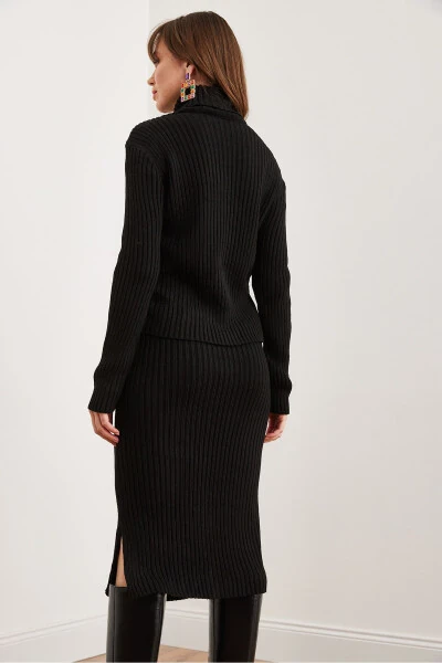 Women's Black Geometric Textured Skirt Knitted Set TKM-19000325 - 8