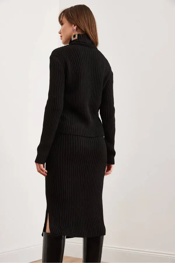 Women's Black Geometric Textured Skirt Knitted Set TKM-19000325 - 8