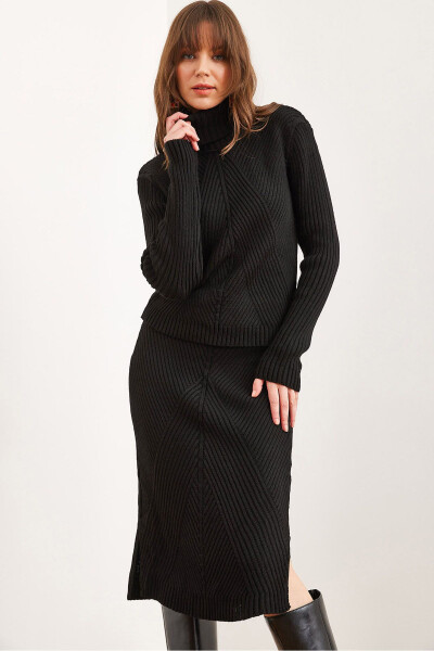 Women's Black Geometric Textured Skirt Knitted Set TKM-19000325 