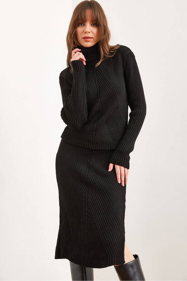 Women's Black Geometric Textured Skirt Knitted Set TKM-19000325 - 1