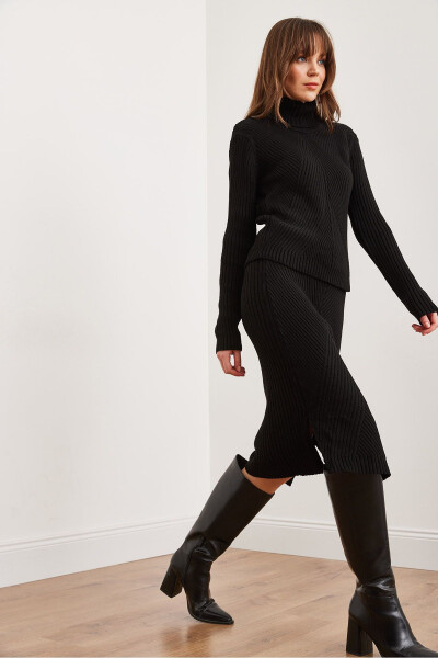 Women's Black Geometric Textured Skirt Knitted Set TKM-19000325 - 2