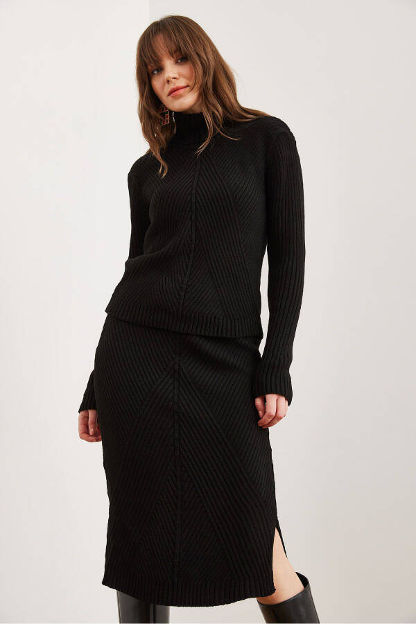 Women's Black Geometric Textured Skirt Knitted Set TKM-19000325 - 6
