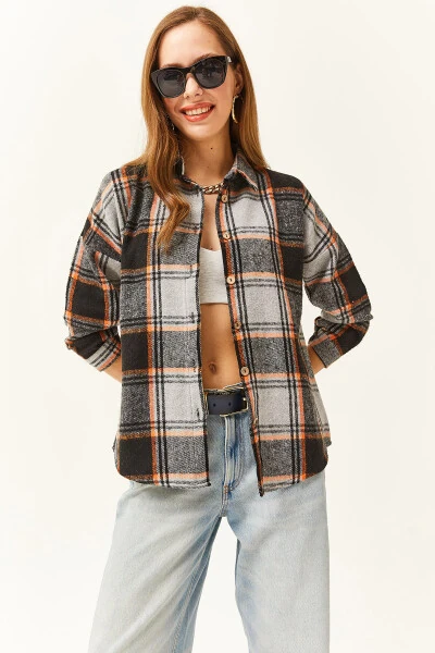 Women's Black Gray Orange Plaid Lumberjack Shirt GML-19001153 - 1