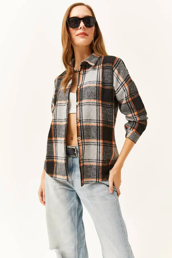 Women's Black Gray Orange Plaid Lumberjack Shirt GML-19001153 - 2