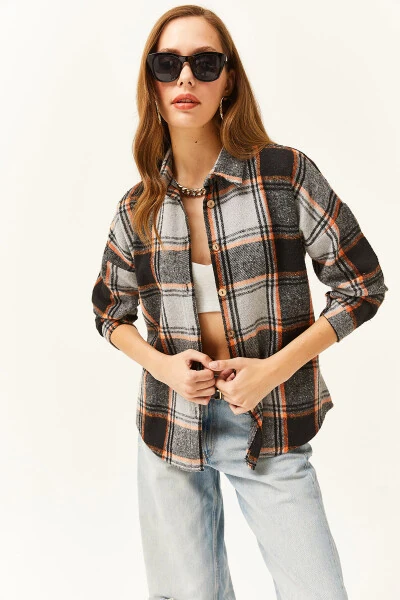 Women's Black Gray Orange Plaid Lumberjack Shirt GML-19001153 - 3