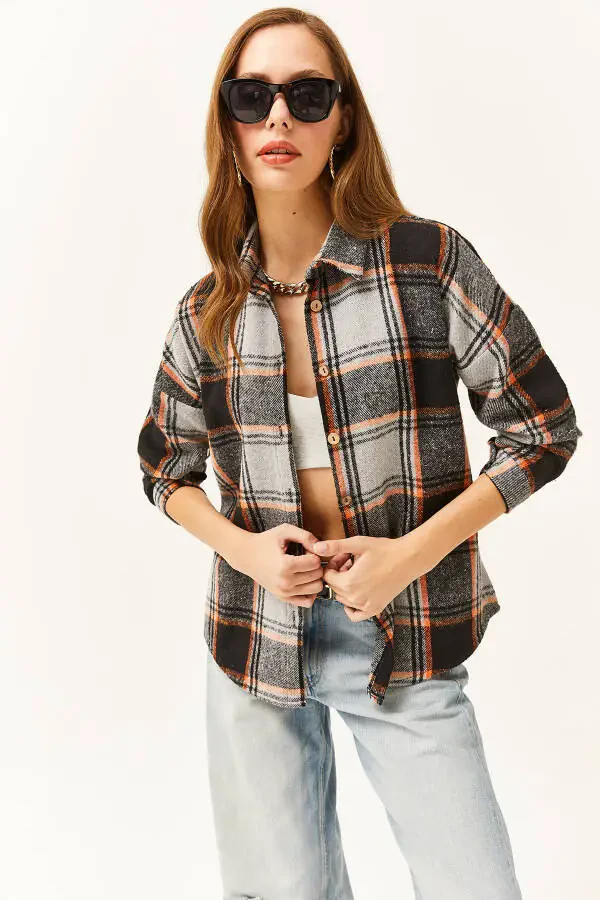Women's Black Gray Orange Plaid Lumberjack Shirt GML-19001153 - 3