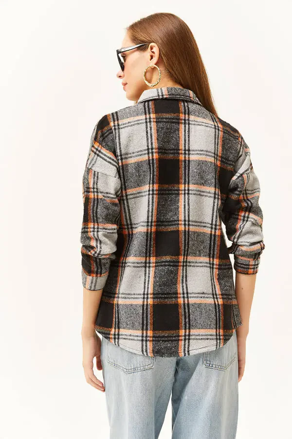 Women's Black Gray Orange Plaid Lumberjack Shirt GML-19001153 - 4