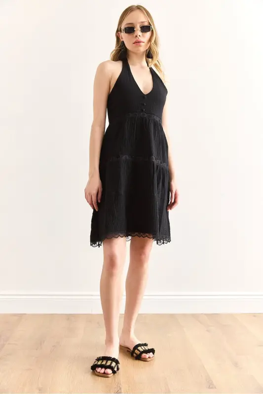 Women's Black Guipure Lace Detailed Halter Neck Muslin - 2