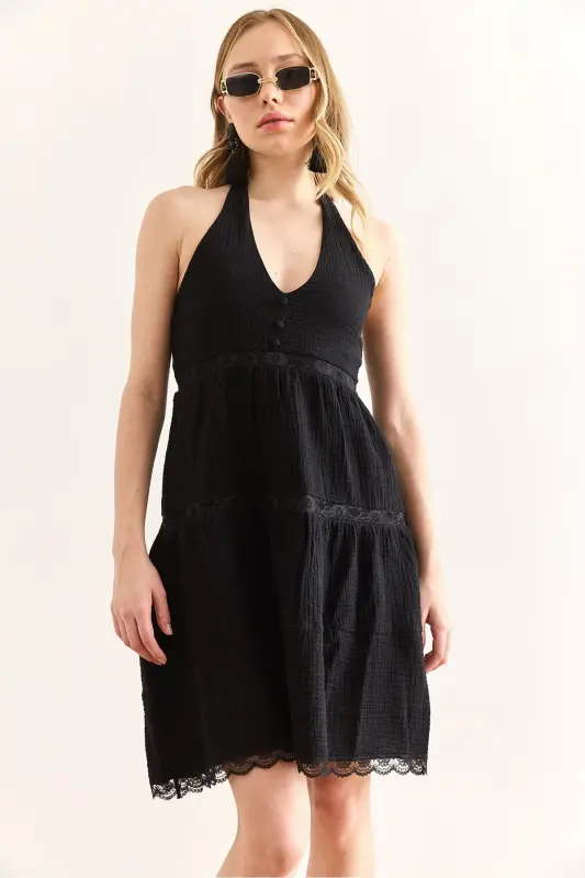 Women's Black Guipure Lace Detailed Halter Neck Muslin - 3