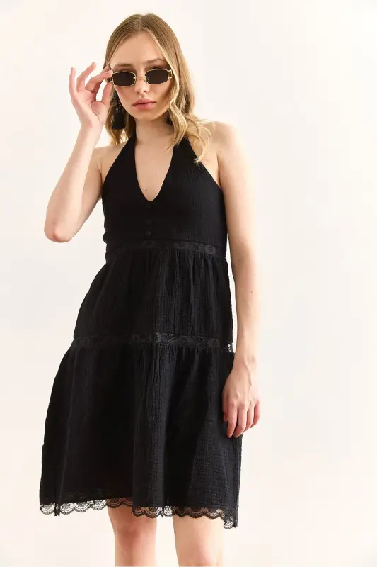 Women's Black Guipure Lace Detailed Halter Neck Muslin - 4