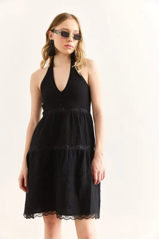 Women's Black Guipure Lace Detailed Halter Neck Muslin - 5