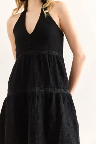 Women's Black Guipure Lace Detailed Halter Neck Muslin - 6