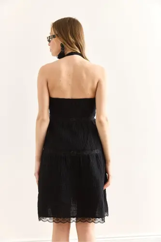 Women's Black Guipure Lace Detailed Halter Neck Muslin - 7