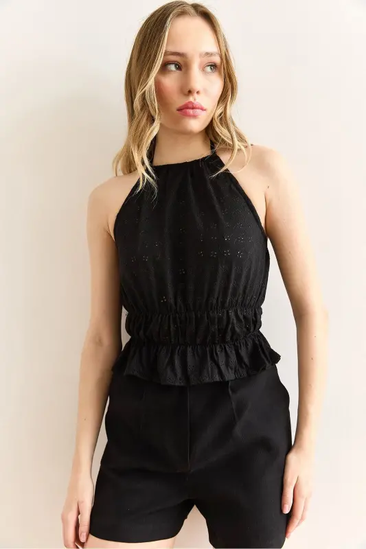 Women's Black Halter Neck Elastic Waist Embroidered Blouse B - OLALOOK