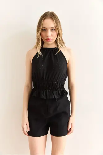 Women's Black Halter Neck Elastic Waist Embroidered Blouse B - OLALOOK (1)