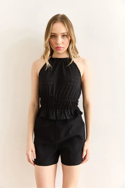 Women's Black Halter Neck Elastic Waist Embroidered Blouse B - 2