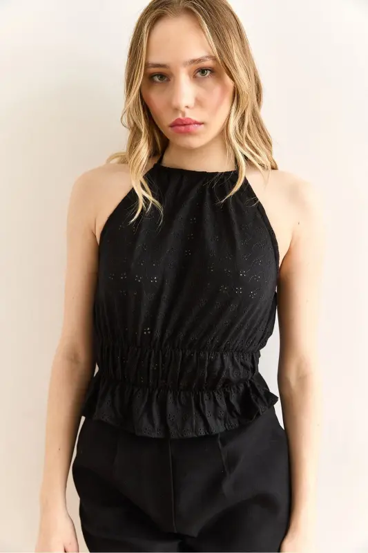 Women's Black Halter Neck Elastic Waist Embroidered Blouse B - 3