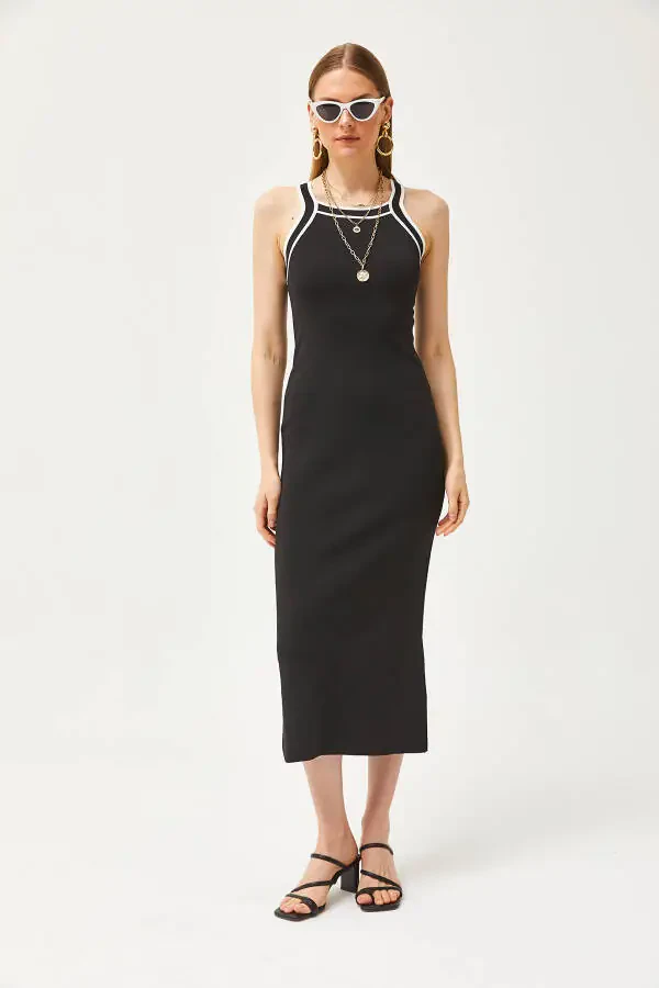 Women's Black Halter Neck Maxi Knit Dress ELB-19002070 - 2