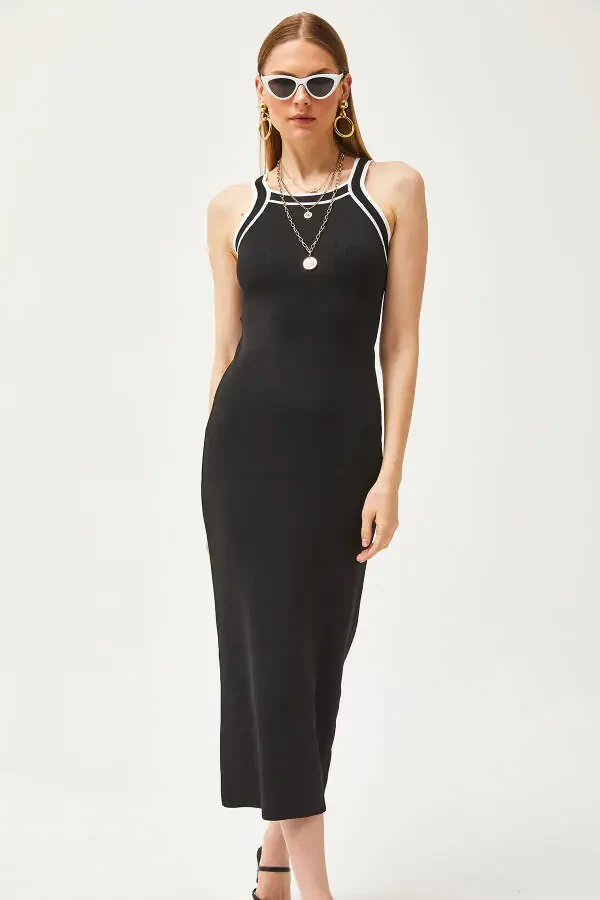 Women's Black Halter Neck Maxi Knit Dress ELB-19002070 - 3