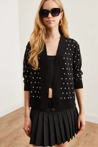 Women's Black Heart Detail Thick Belt Knit Cardigan - OLALOOK (1)