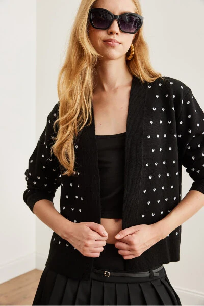 Women's Black Heart Detail Thick Belt Knit Cardigan - 4