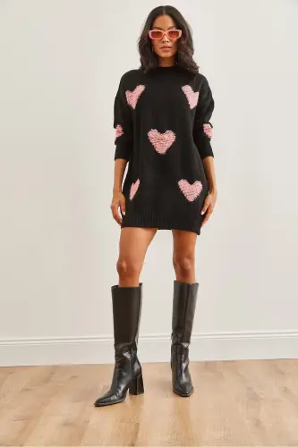 Women's Black Heart Detailed Soft Textured Knitted Tunic - 2