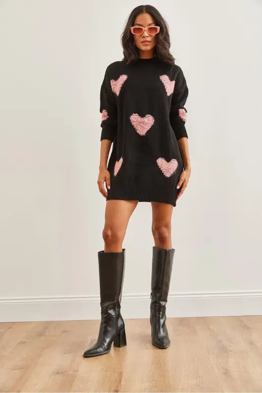 Women's Black Heart Detailed Soft Textured Knitted Tunic - 2