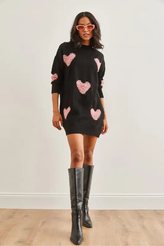 Women's Black Heart Detailed Soft Textured Knitted Tunic - 4